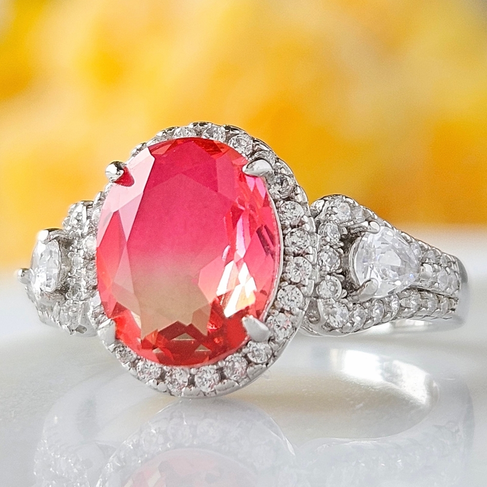 Oval Pink and Peach Tourmarine Ring, 925 Sterling Silver Charmed Aroma